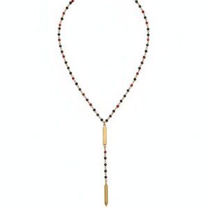 Lucky Brand Gold Ruby Rosary Chain Necklace Pink Beads Lariat Style Womens 22+7"